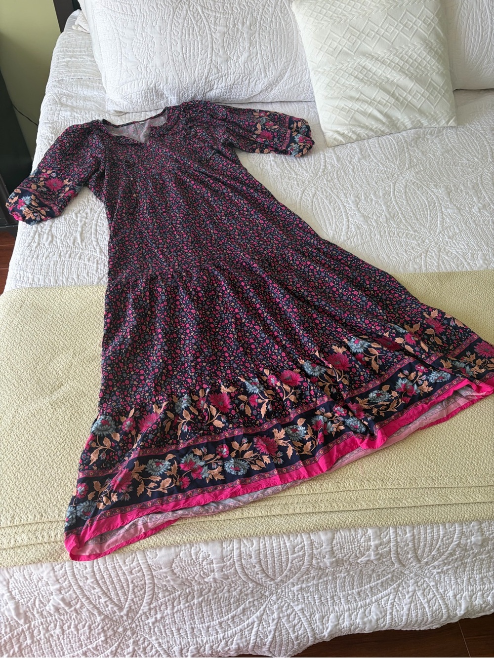 Women's Navy and Pink Floral Maxi Dress - Boho Border Print